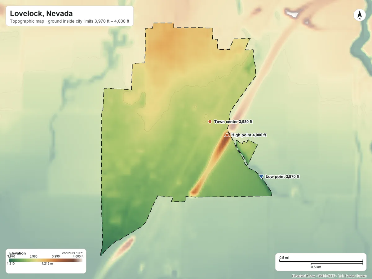 Topographic elevation map of Lovelock, Nevada, shaded from 3,970 ft on the southeast side to 4,000 ft near the middle