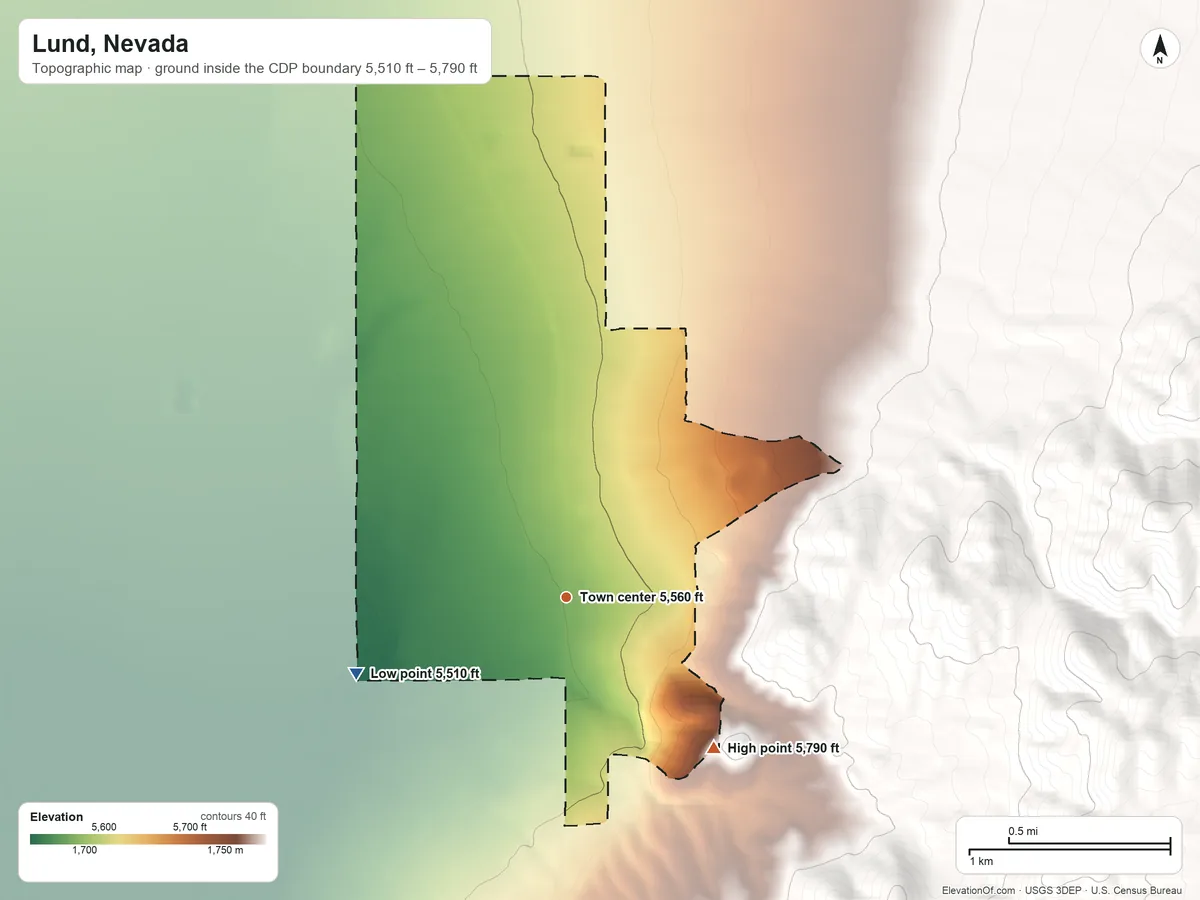 Topographic elevation map of Lund, Nevada, shaded from 5,510 ft on the west side to 5,790 ft at the foot of the White River Range