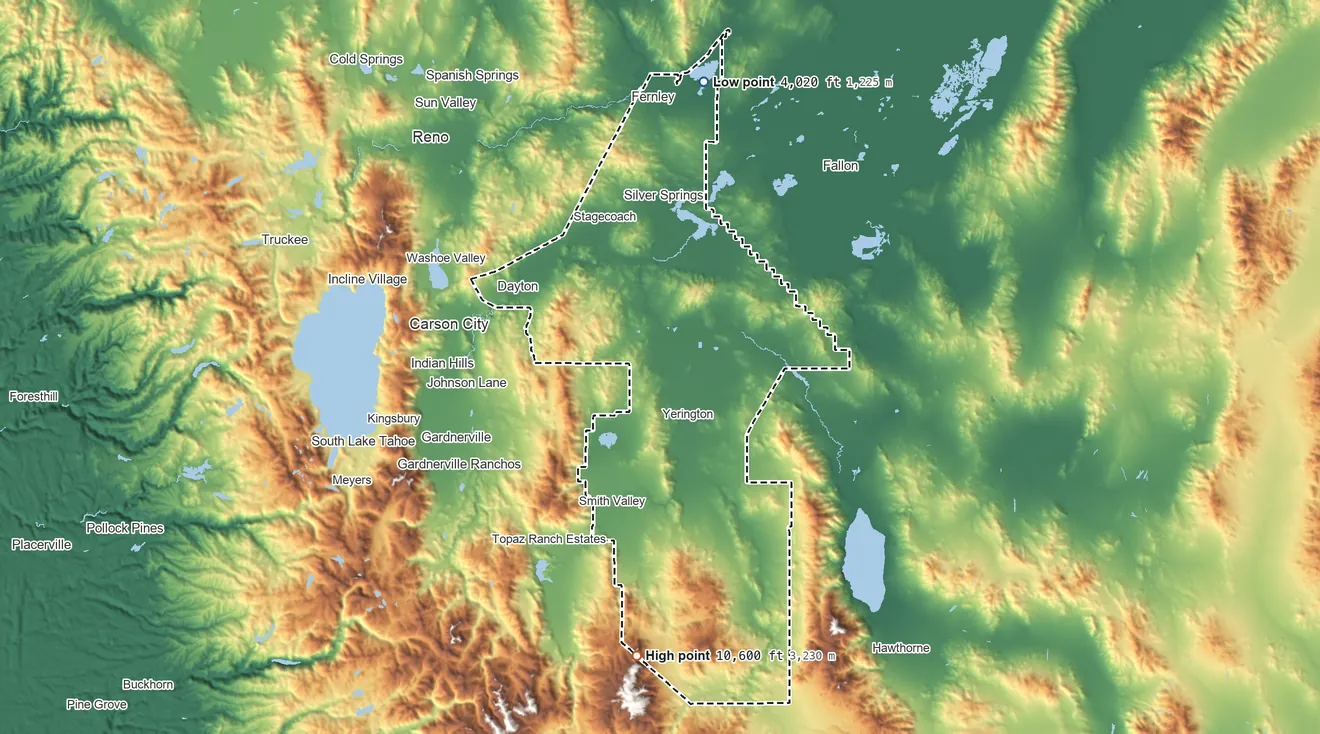 Topographic elevation map of Lyon County, Nevada, shaded from 4,020 ft on the north side to 10,600 ft on the south side