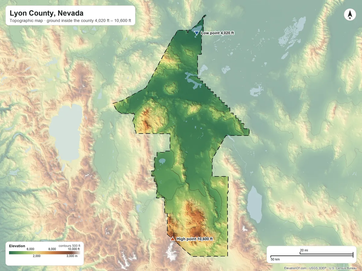 Topographic elevation map of Lyon County, Nevada, shaded from 4,020 ft on the north side to 10,600 ft on the south side