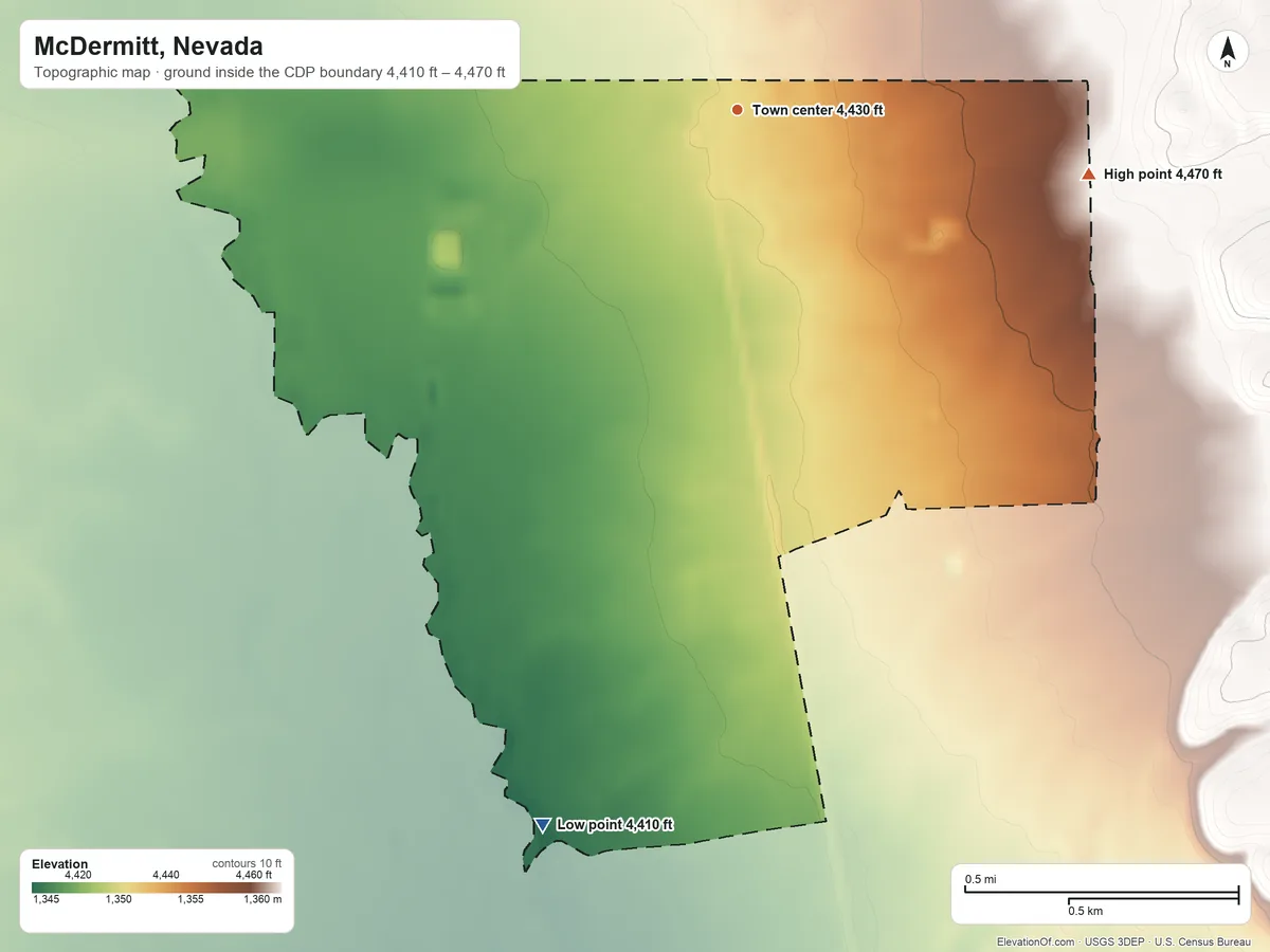 Topographic elevation map of McDermitt, Nevada, shaded from 4,410 ft on the south side to 4,470 ft on the east side