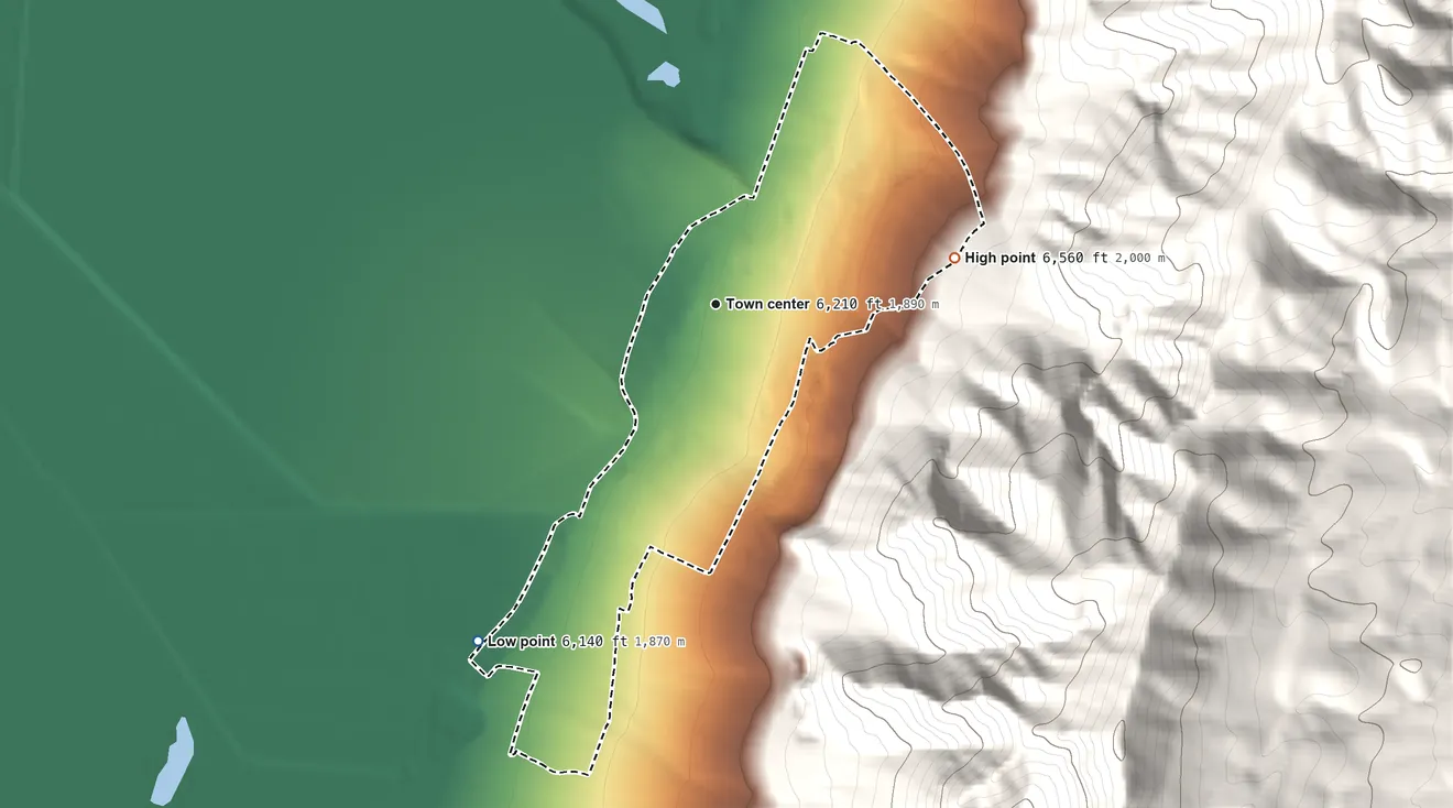 Topographic elevation map of McGill, Nevada, shaded from 6,140 ft on the southwest side to 6,560 ft at the foot of the Duck Creek Range