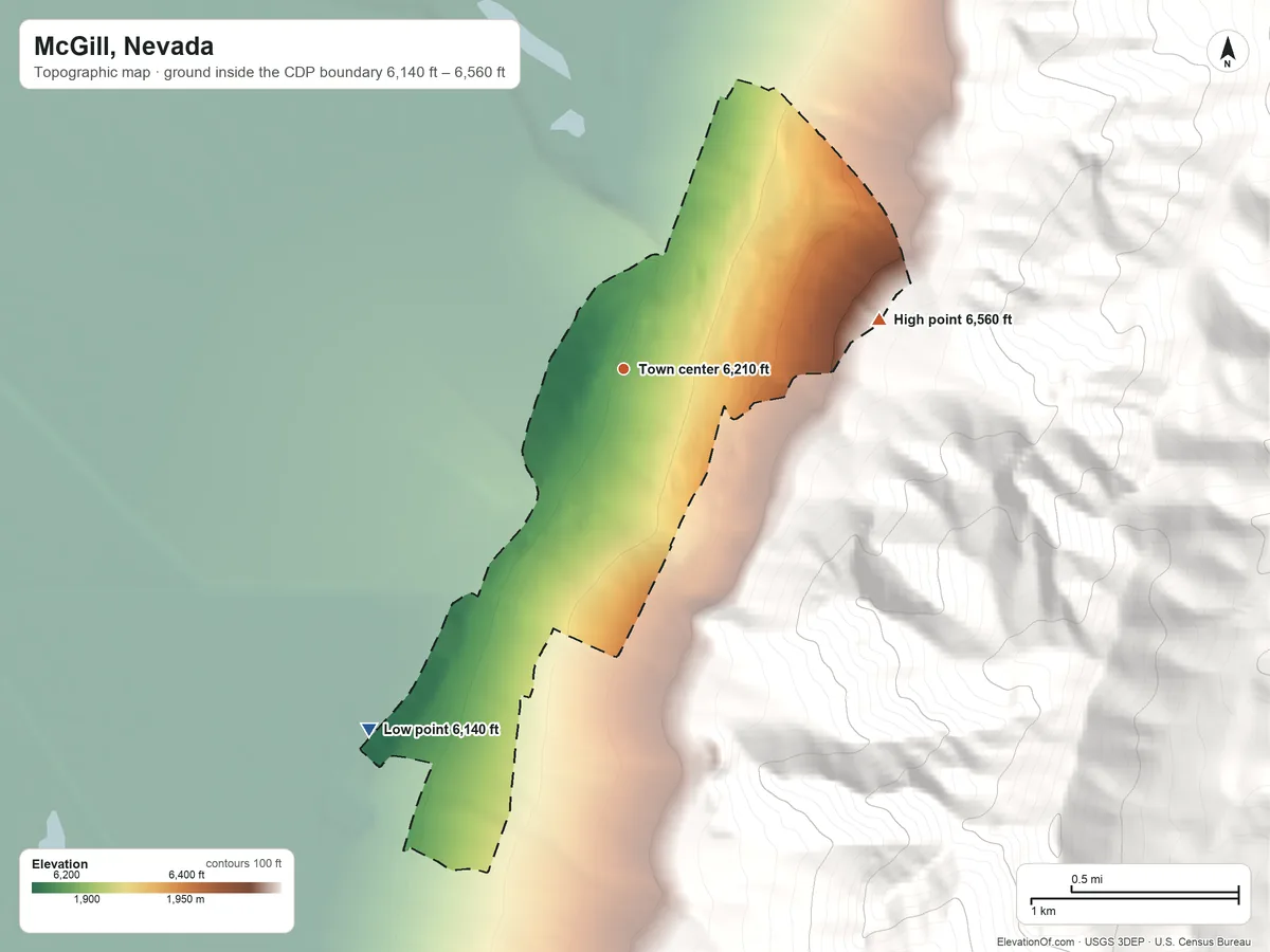 Topographic elevation map of McGill, Nevada, shaded from 6,140 ft on the southwest side to 6,560 ft at the foot of the Duck Creek Range