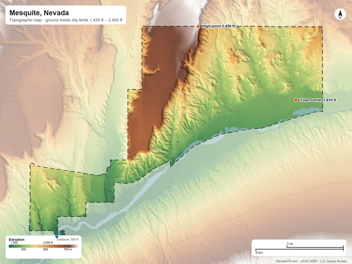 Topographic elevation map of Mesquite, Nevada, shaded from 1,420 ft on the southwest side to 2,450 ft on the northwest side