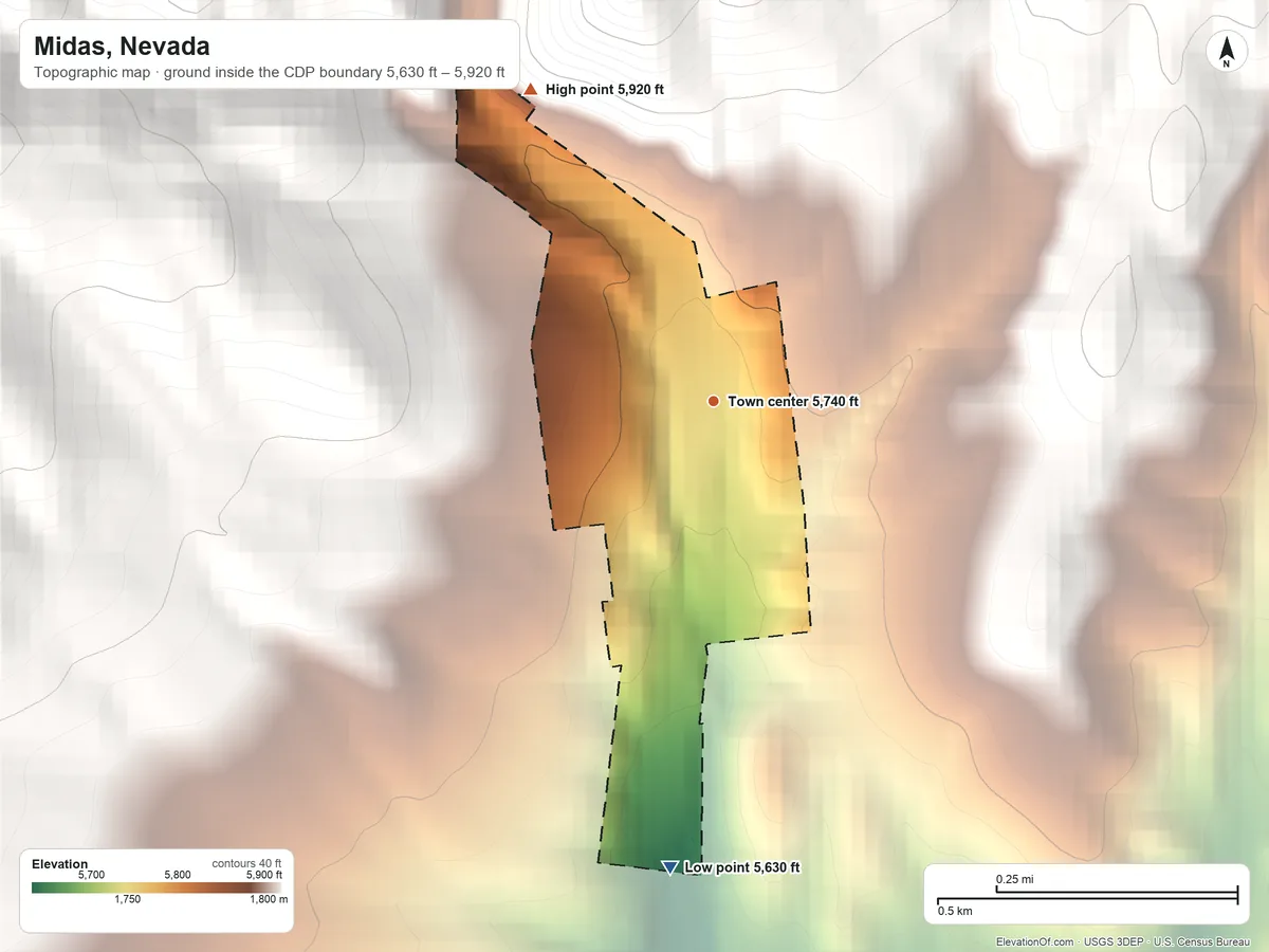 Topographic elevation map of Midas, Nevada, shaded from 5,630 ft on the south side to 5,920 ft at the foot of the Snowstorm Mountains