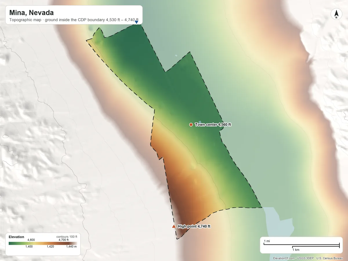 Topographic elevation map of Mina, Nevada, shaded from 4,530 ft on the northwest side to 4,740 ft at the foot of the Pilot Mountains