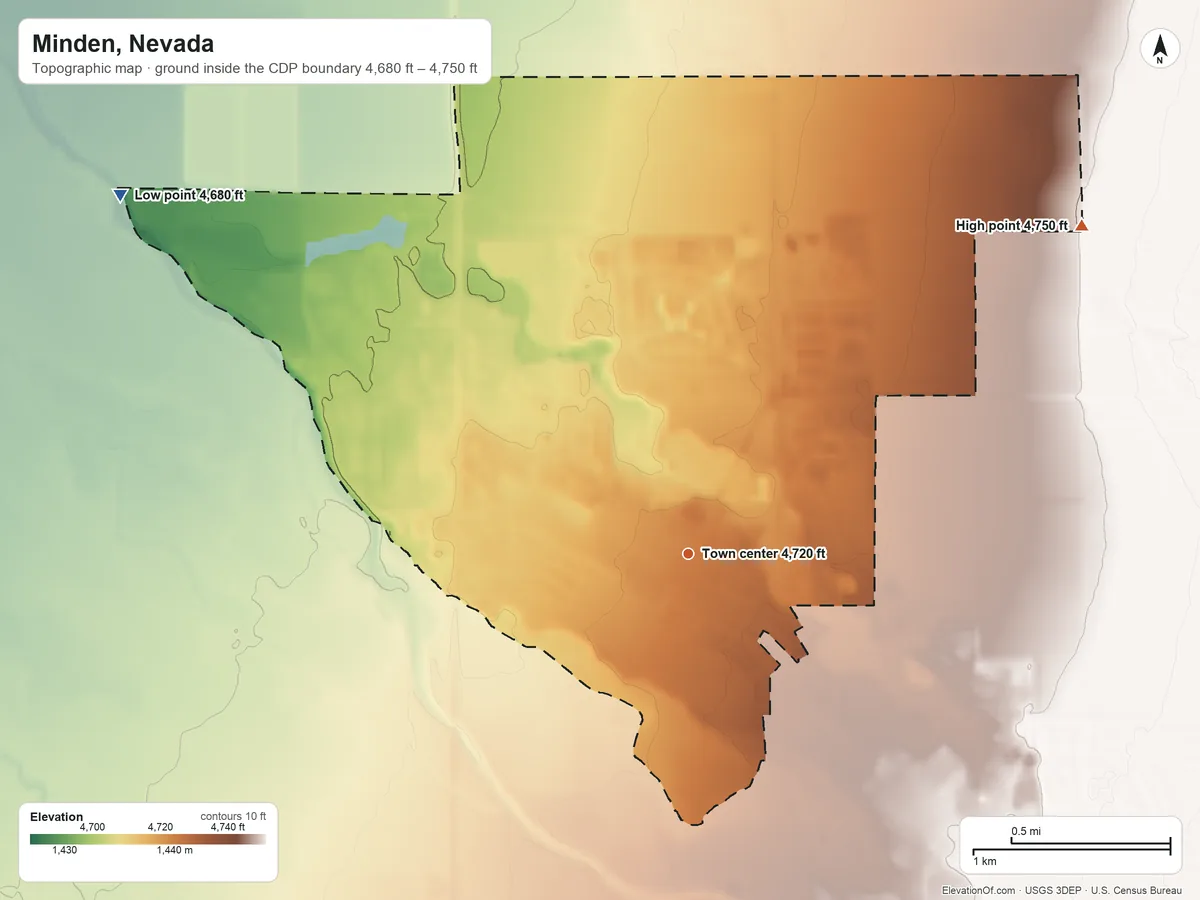 Topographic elevation map of Minden, Nevada, shaded from 4,680 ft on the northwest side to 4,750 ft on the northeast side