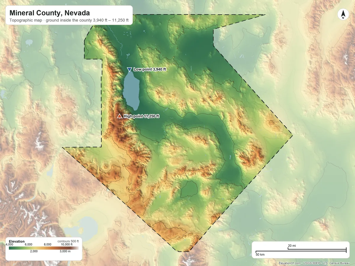 Topographic elevation map of Mineral County, Nevada, shaded from 3,940 ft on the northwest side to 11,250 ft on Mount Grant