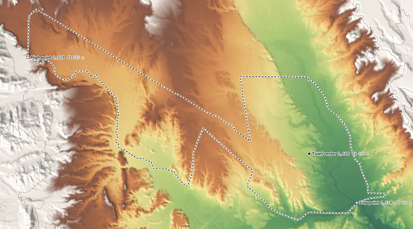Topographic elevation map of Moapa Town, Nevada, shaded from 1,510 ft on the southeast side to 1,920 ft at the foot of the Arrow Canyon Range