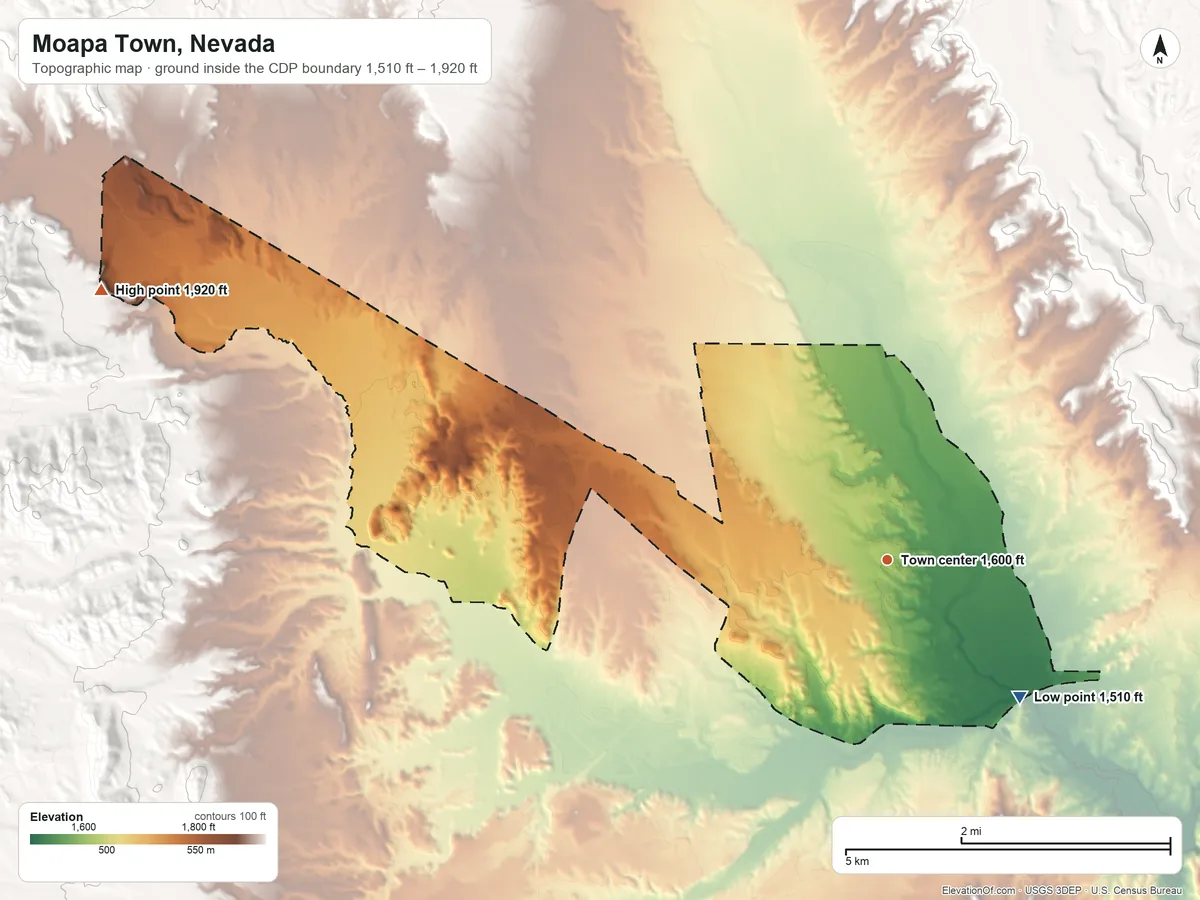 Topographic elevation map of Moapa Town, Nevada, shaded from 1,510 ft on the southeast side to 1,920 ft at the foot of the Arrow Canyon Range