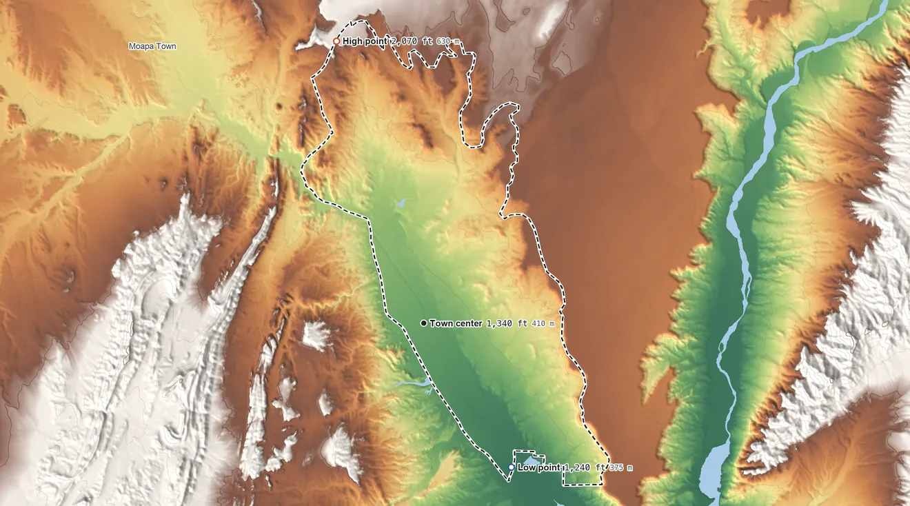 Topographic elevation map of Moapa Valley, Nevada, shaded from 1,240 ft on the southeast side to 2,070 ft on the north side