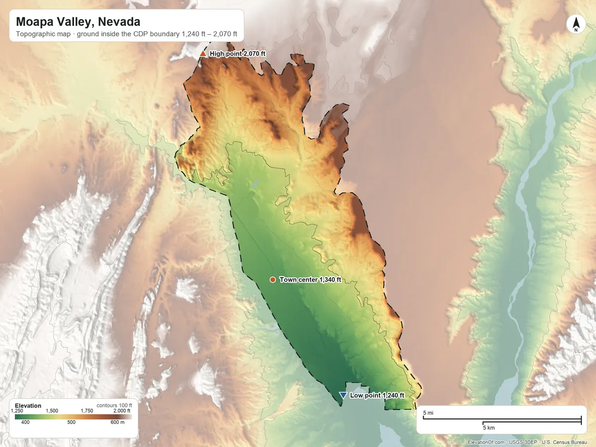 Topographic elevation map of Moapa Valley, Nevada, shaded from 1,240 ft on the southeast side to 2,070 ft on the north side