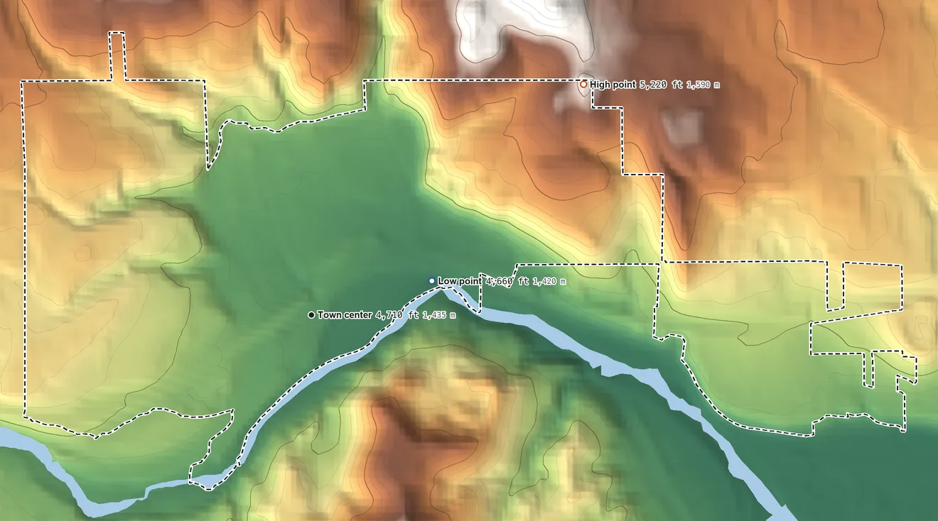 Topographic elevation map of Mogul, Nevada, shaded from 4,660 ft on the east side to 5,220 ft at the foot of the Junction House Range