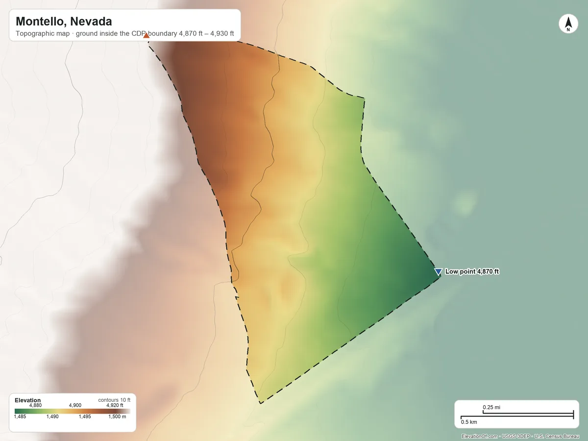 Topographic elevation map of Montello, Nevada, shaded from 4,870 ft on the east side to 4,930 ft on the northwest side