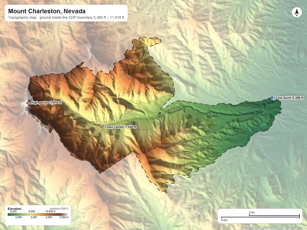 Topographic elevation map of Mount Charleston, Nevada, shaded from 5,380 ft on the east side to 11,916 ft on Charleston Peak