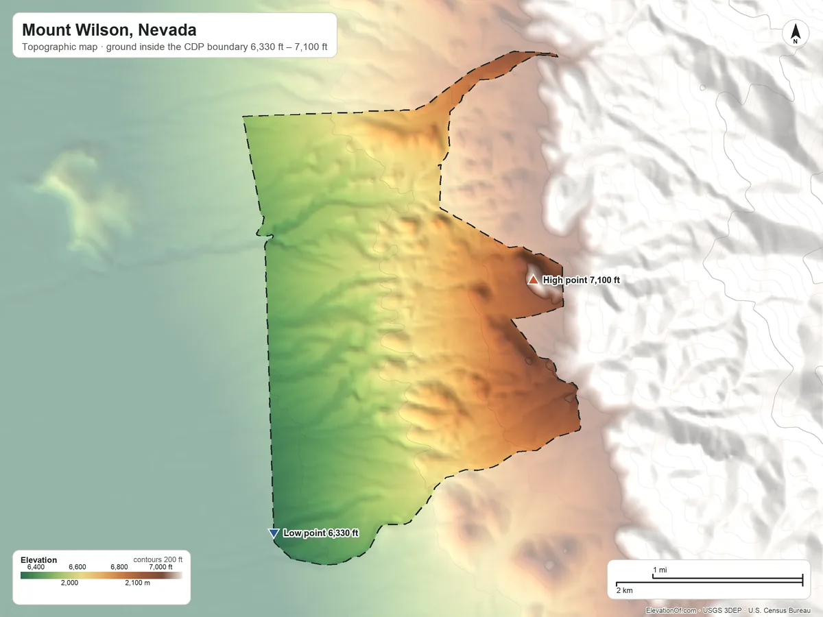 Topographic elevation map of Mount Wilson, Nevada, shaded from 6,330 ft on the south side to 7,100 ft at the foot of the Wilson Creek Range