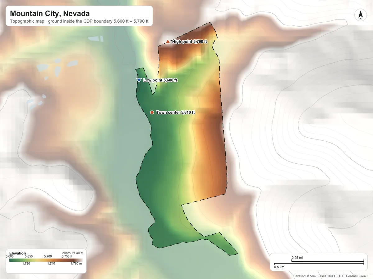 Topographic elevation map of Mountain City, Nevada, shaded from 5,600 ft on the north side to 5,790 ft at the foot of the Bruneau Range