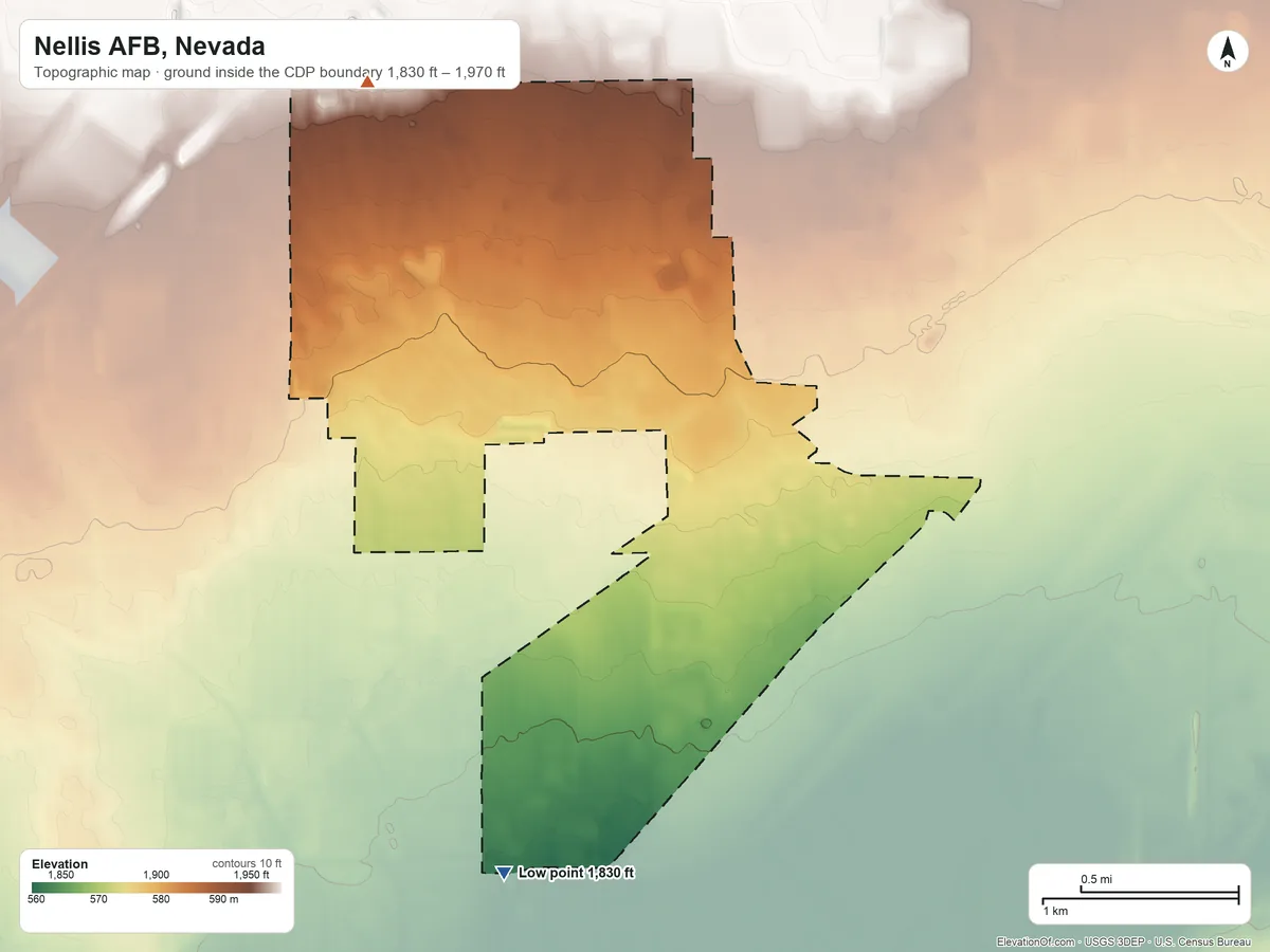 Topographic elevation map of Nellis AFB, Nevada, shaded from 1,830 ft on the south side to 1,970 ft on the north side