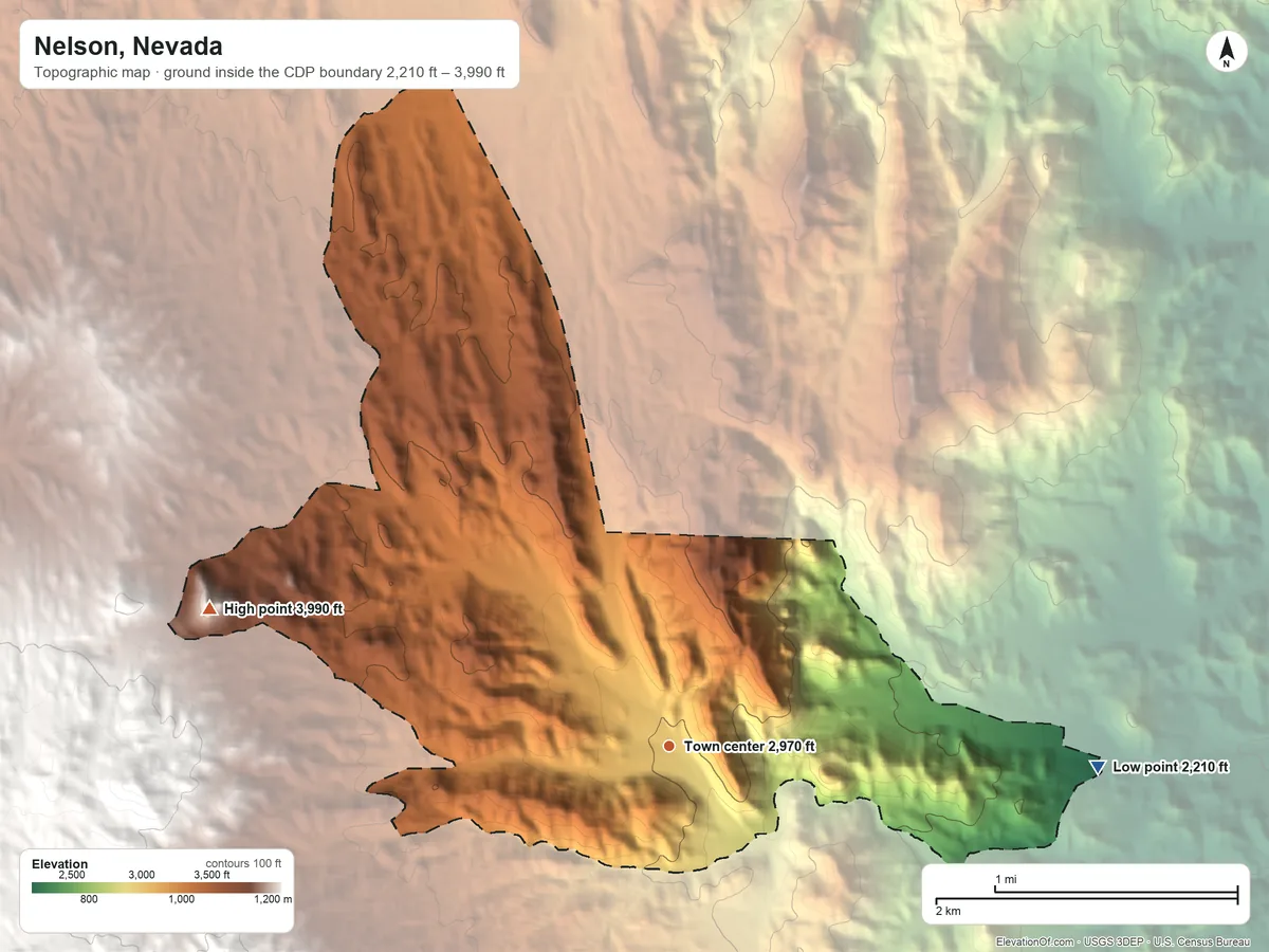 Topographic elevation map of Nelson, Nevada, shaded from 2,210 ft on the east side to 3,990 ft at the foot of the Eldorado Mountains