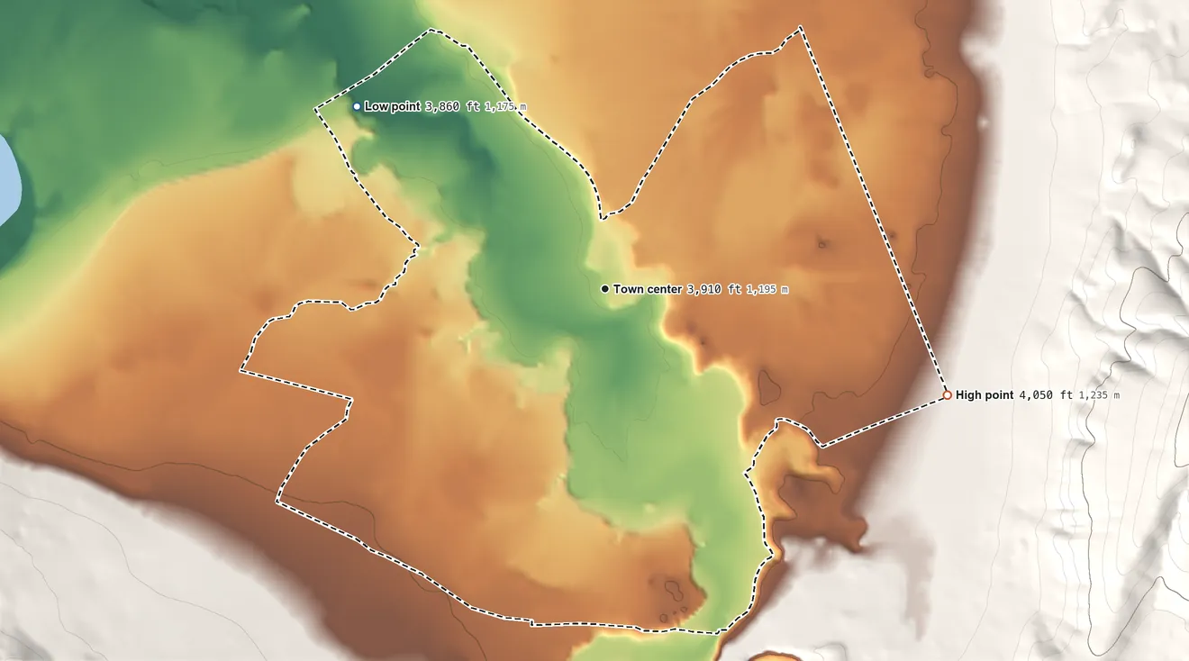Topographic elevation map of Nixon, Nevada, shaded from 3,860 ft on the northwest side to 4,050 ft at the foot of the Diabase Hills