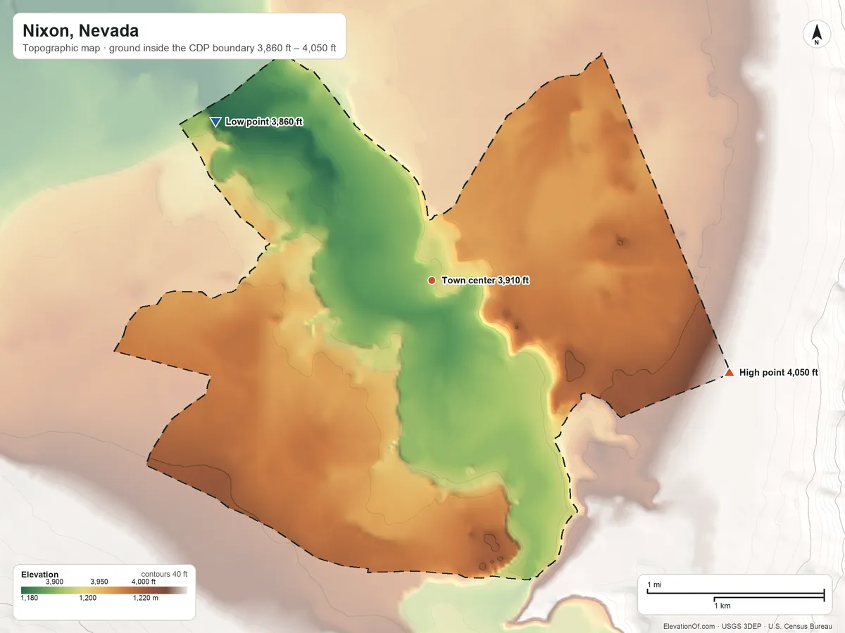 Topographic elevation map of Nixon, Nevada, shaded from 3,860 ft on the northwest side to 4,050 ft at the foot of the Diabase Hills