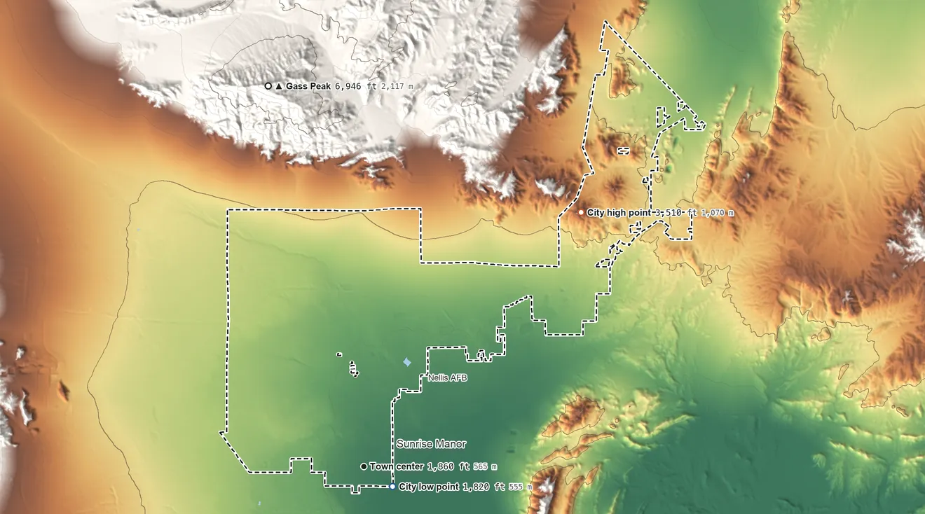 Topographic elevation map of North Las Vegas, Nevada, shaded from 1,820 ft near the middle to 3,510 ft at the foot of the Dry Lake Range