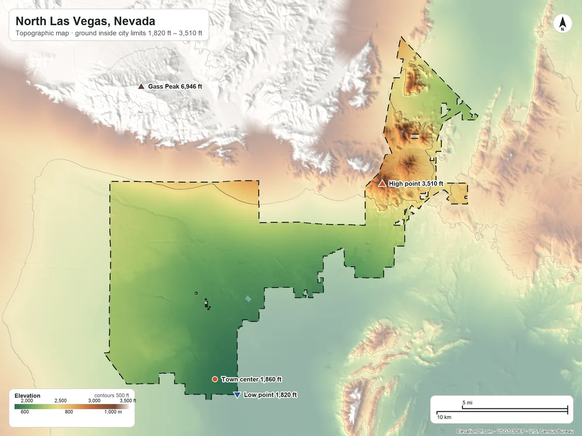 Topographic elevation map of North Las Vegas, Nevada, shaded from 1,820 ft near the middle to 3,510 ft at the foot of the Dry Lake Range