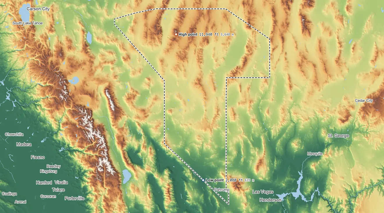 Topographic elevation map of Nye County, Nevada, shaded from 2,080 ft on the south side to 11,940 ft on South Summit