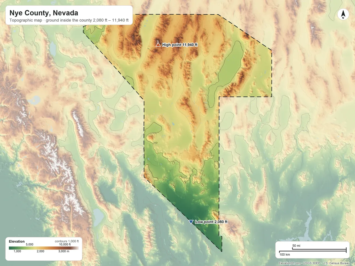 Topographic elevation map of Nye County, Nevada, shaded from 2,080 ft on the south side to 11,940 ft on South Summit