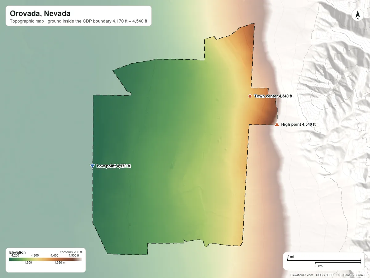 Topographic elevation map of Orovada, Nevada, shaded from 4,170 ft on the southwest side to 4,540 ft at the foot of the Santa Rosa Range