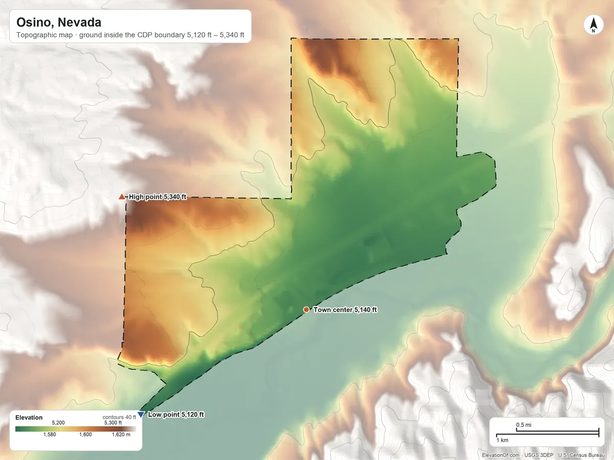 Topographic elevation map of Osino, Nevada, shaded from 5,120 ft on the southwest side to 5,340 ft at the foot of the Elko Hills