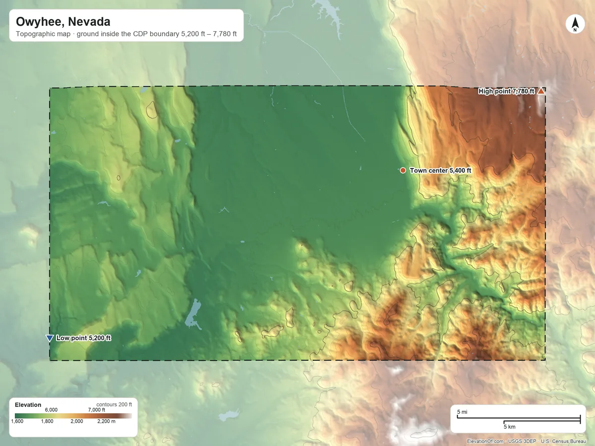 Topographic elevation map of Owyhee, Nevada, shaded from 5,200 ft on the southwest side to 7,780 ft on the northeast side