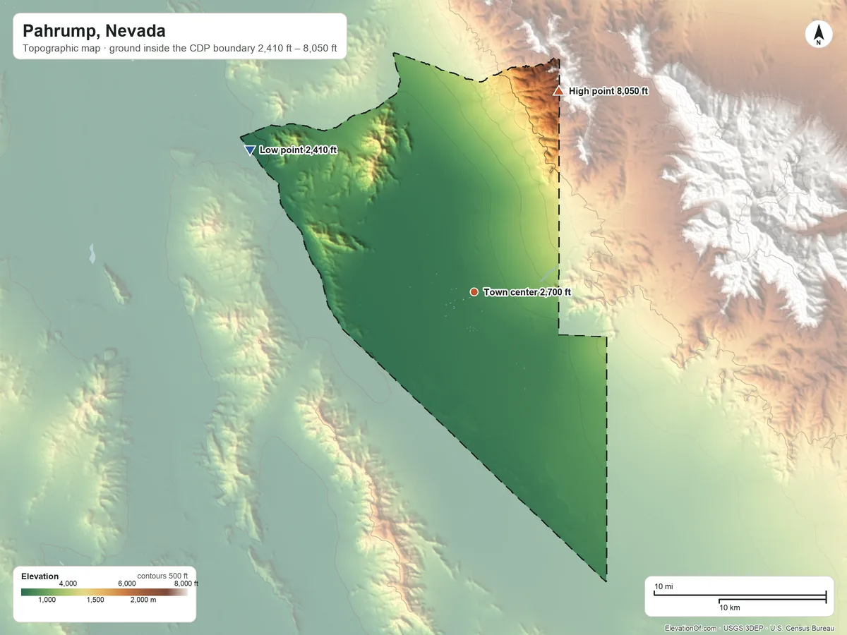 Topographic elevation map of Pahrump, Nevada, shaded from 2,410 ft on the northwest side to 8,050 ft at the foot of the Last Chance Range