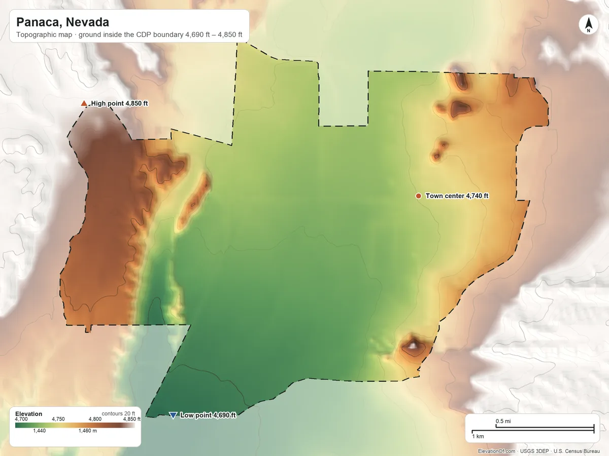 Topographic elevation map of Panaca, Nevada, shaded from 4,690 ft on the southwest side to 4,850 ft on the west side