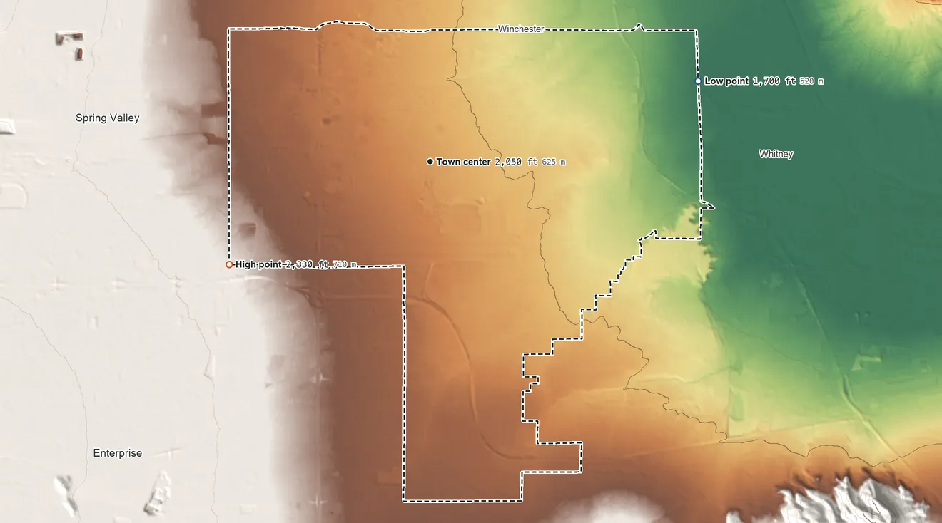 Topographic elevation map of Paradise, Nevada, shaded from 1,700 ft on the east side to 2,330 ft on the southwest side