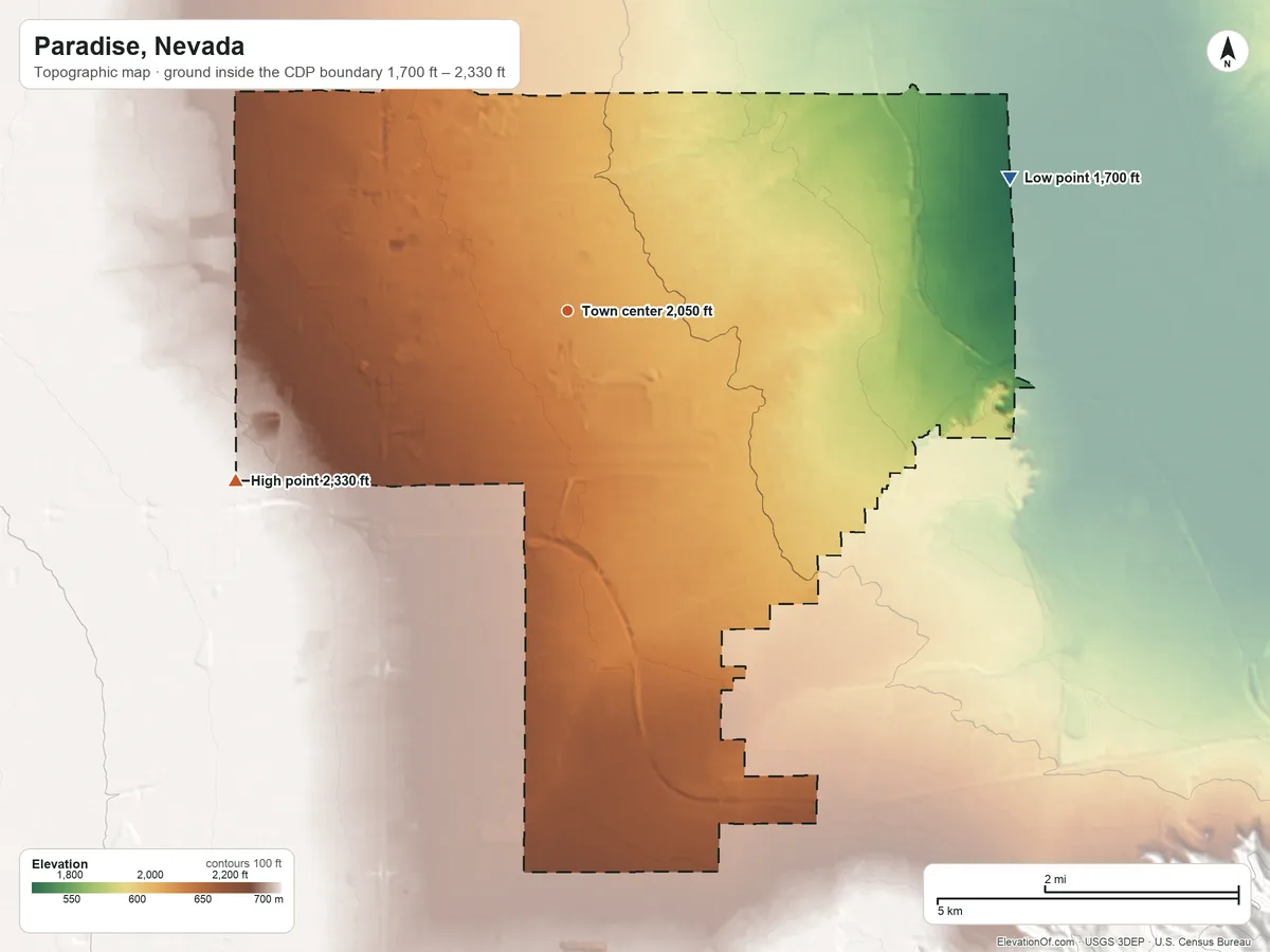 Topographic elevation map of Paradise, Nevada, shaded from 1,700 ft on the east side to 2,330 ft on the southwest side