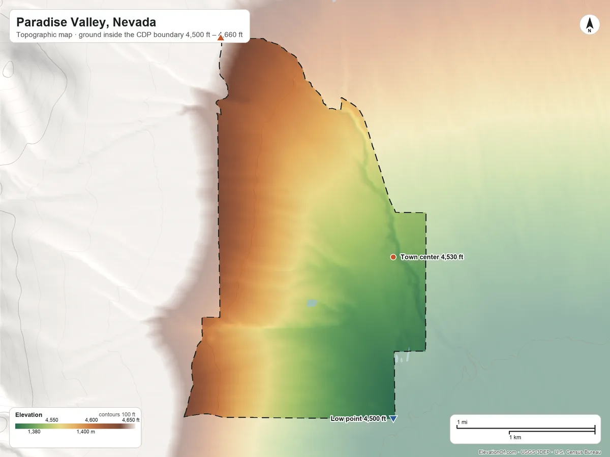 Topographic elevation map of Paradise Valley, Nevada, shaded from 4,500 ft on the south side to 4,660 ft at the foot of the Santa Rosa Range