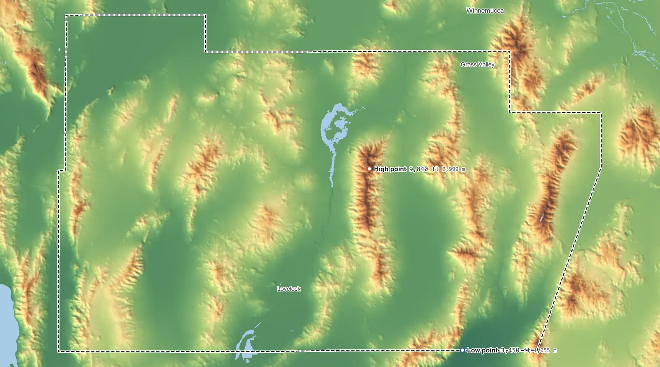 Topographic elevation map of Pershing County, Nevada, shaded from 3,450 ft on the southeast side to 9,840 ft on Star Peak