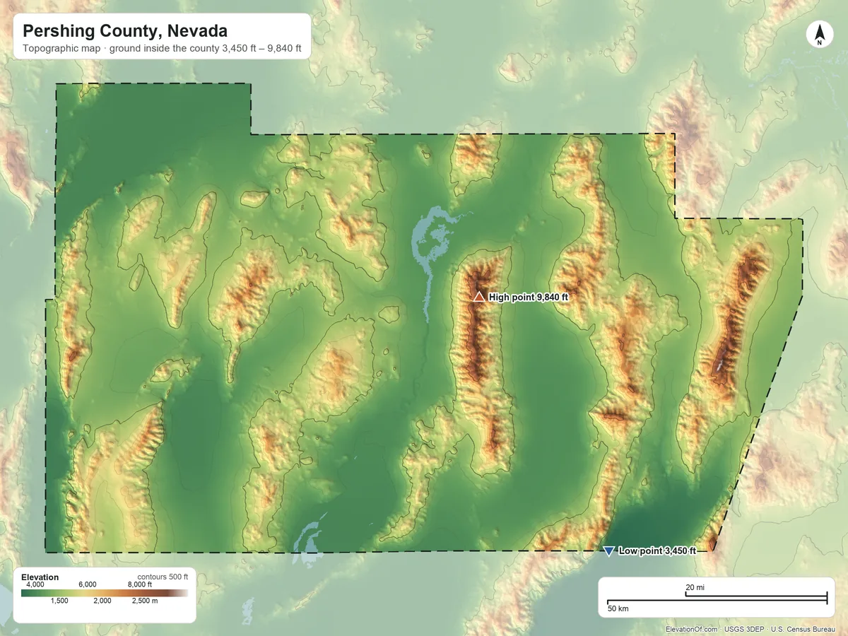 Topographic elevation map of Pershing County, Nevada, shaded from 3,450 ft on the southeast side to 9,840 ft on Star Peak