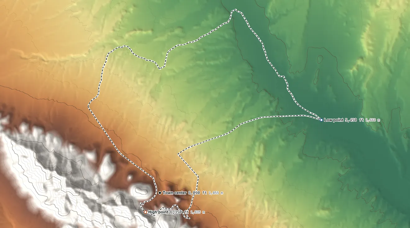 Topographic elevation map of Pioche, Nevada, shaded from 5,450 ft on the northeast side to 6,350 ft at the foot of the Pioche Hills