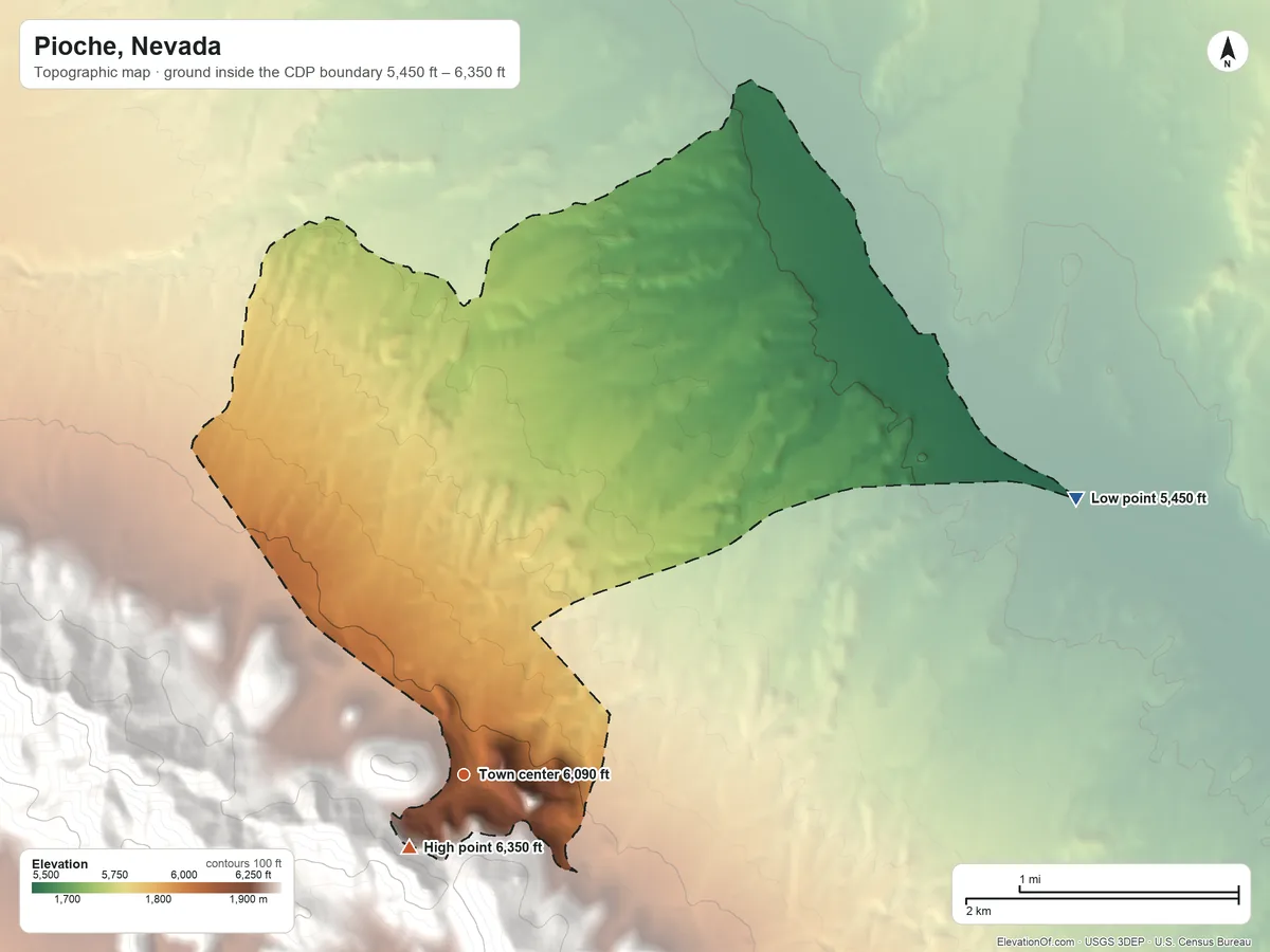 Topographic elevation map of Pioche, Nevada, shaded from 5,450 ft on the northeast side to 6,350 ft at the foot of the Pioche Hills