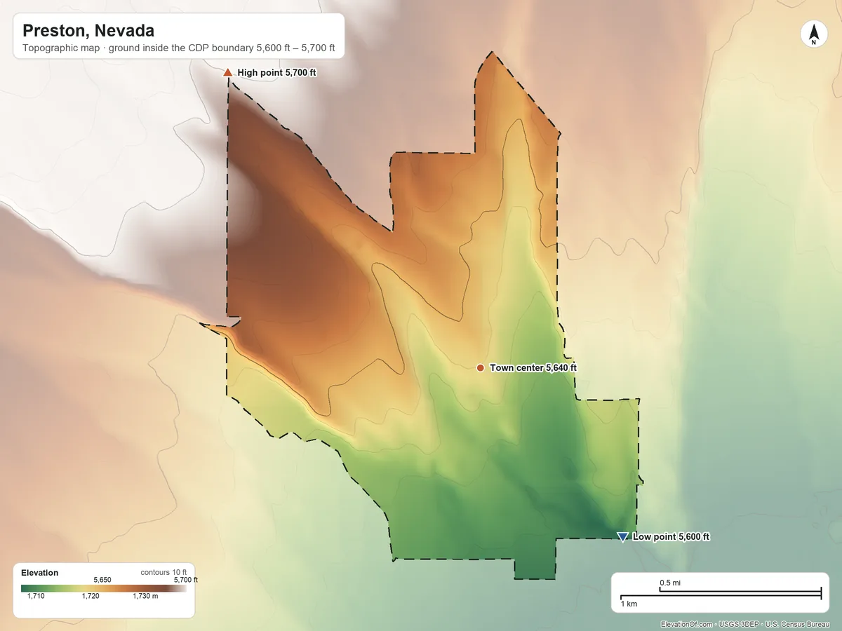 Topographic elevation map of Preston, Nevada, shaded from 5,600 ft on the southeast side to 5,700 ft on the northwest side
