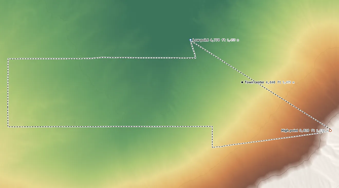 Topographic elevation map of Rachel, Nevada, shaded from 4,770 ft on the northwest side to 5,020 ft at the foot of the Timpahute Range