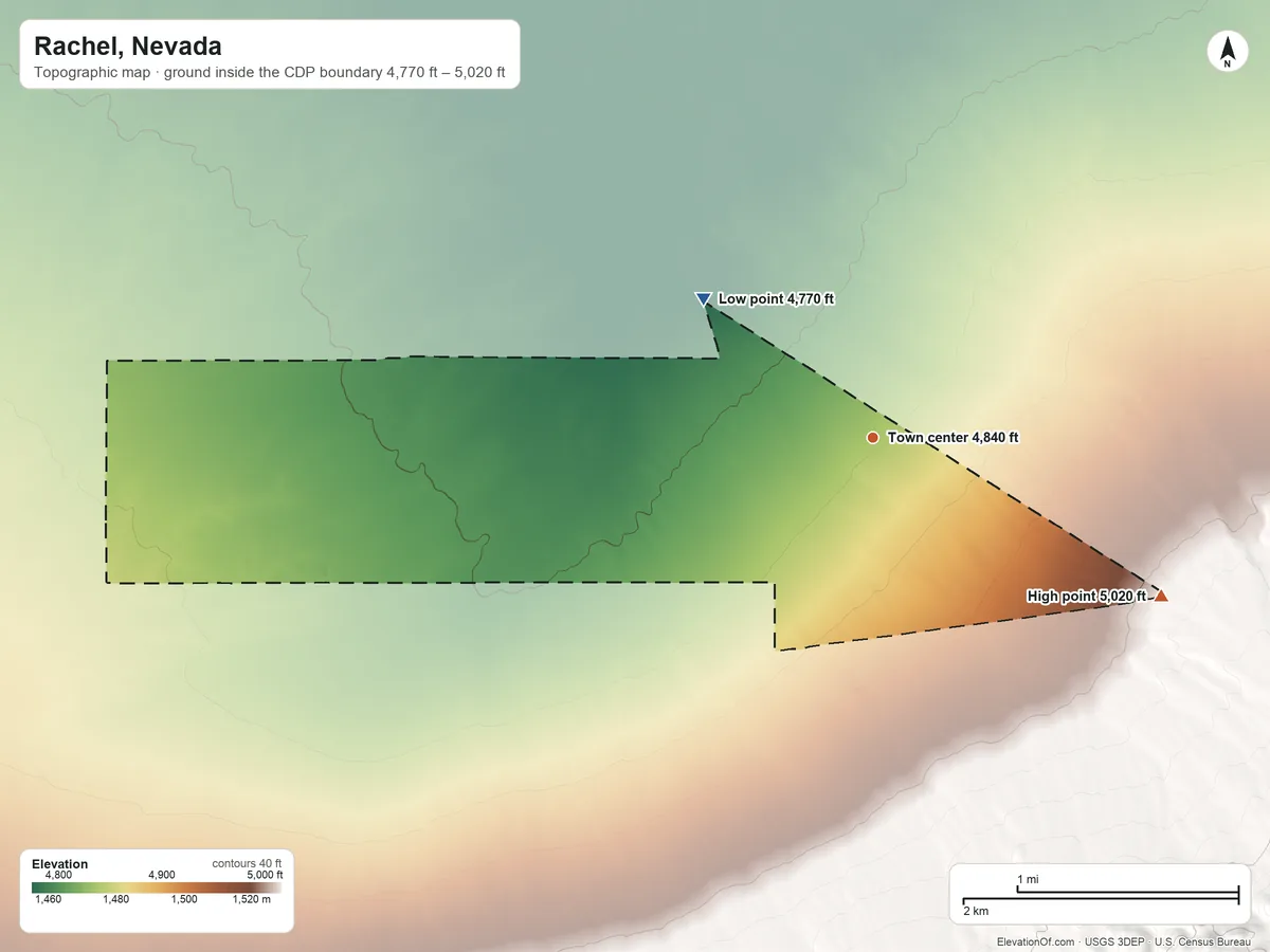 Topographic elevation map of Rachel, Nevada, shaded from 4,770 ft on the northwest side to 5,020 ft at the foot of the Timpahute Range