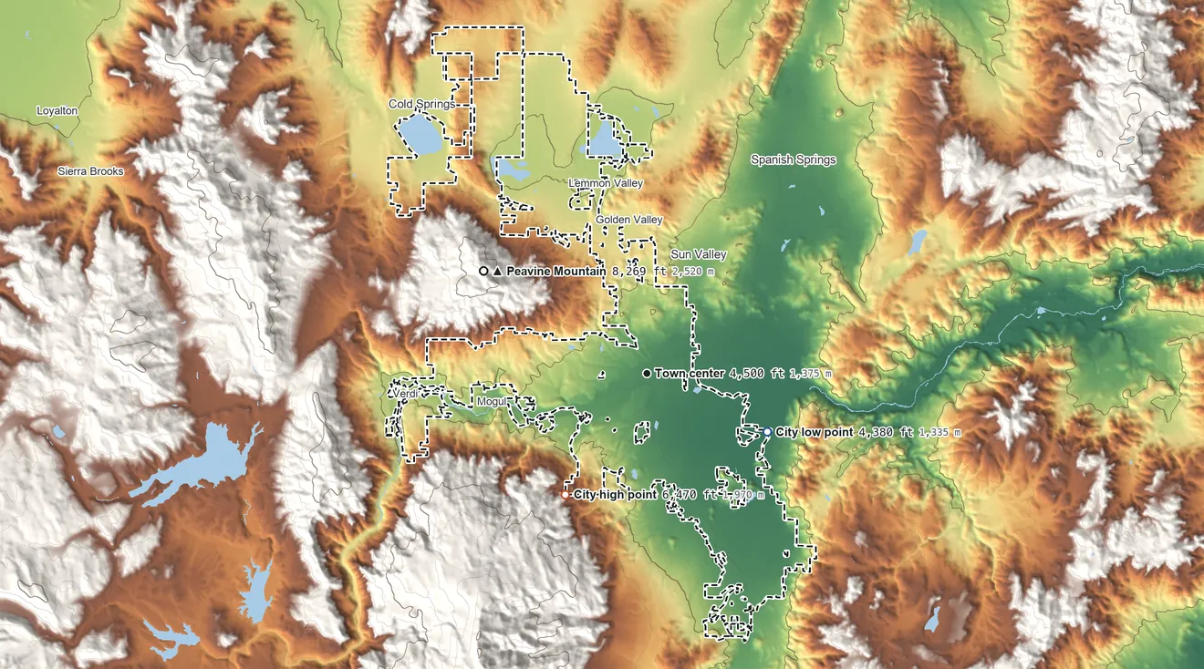 Topographic elevation map of Reno, Nevada, shaded from 4,380 ft on the southeast side to 6,470 ft at the foot of the Carson Range