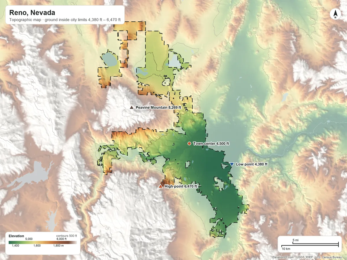 Topographic elevation map of Reno, Nevada, shaded from 4,380 ft on the southeast side to 6,470 ft at the foot of the Carson Range
