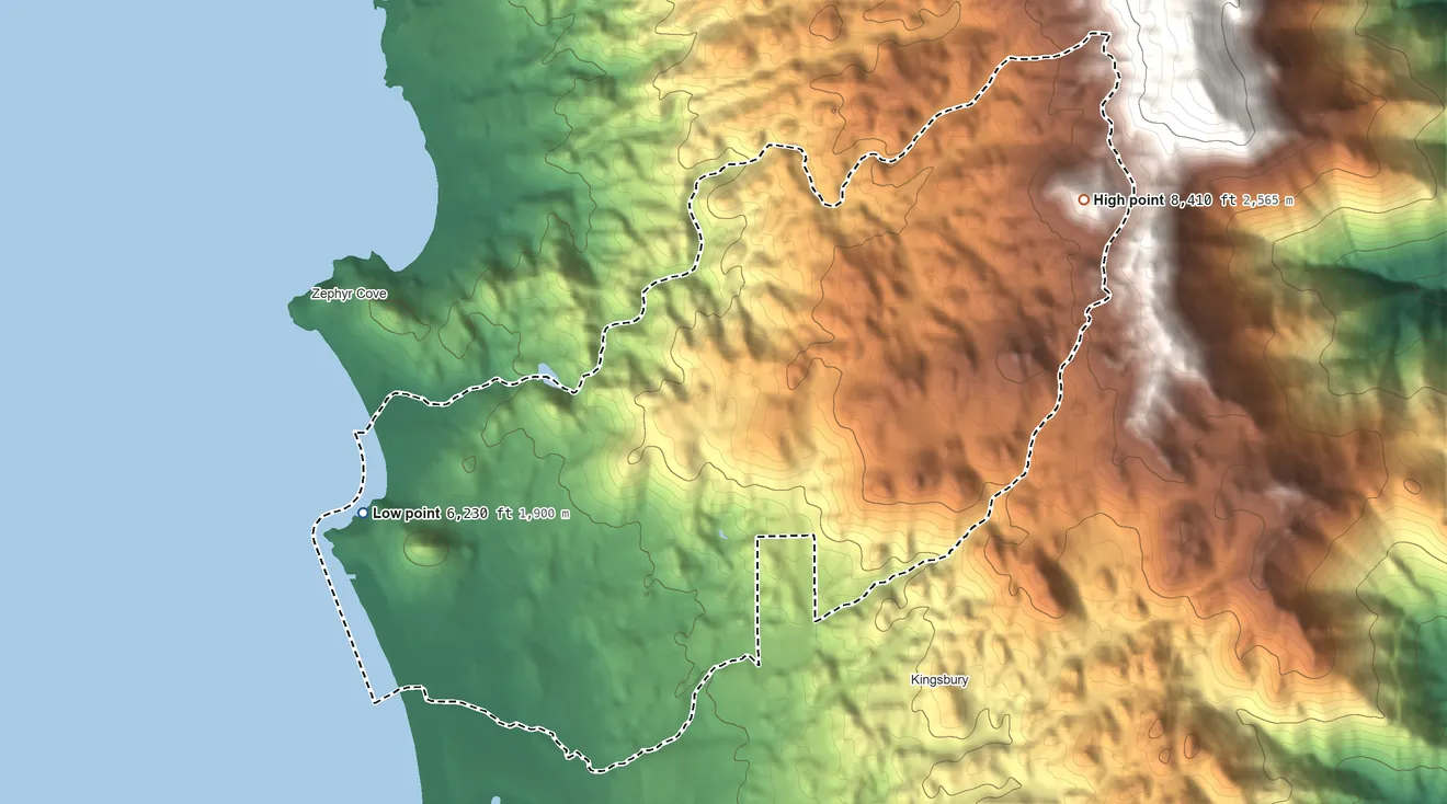 Topographic elevation map of Round Hill Village, Nevada, shaded from 6,230 ft on the west side to 8,410 ft at the foot of the Indian Hills
