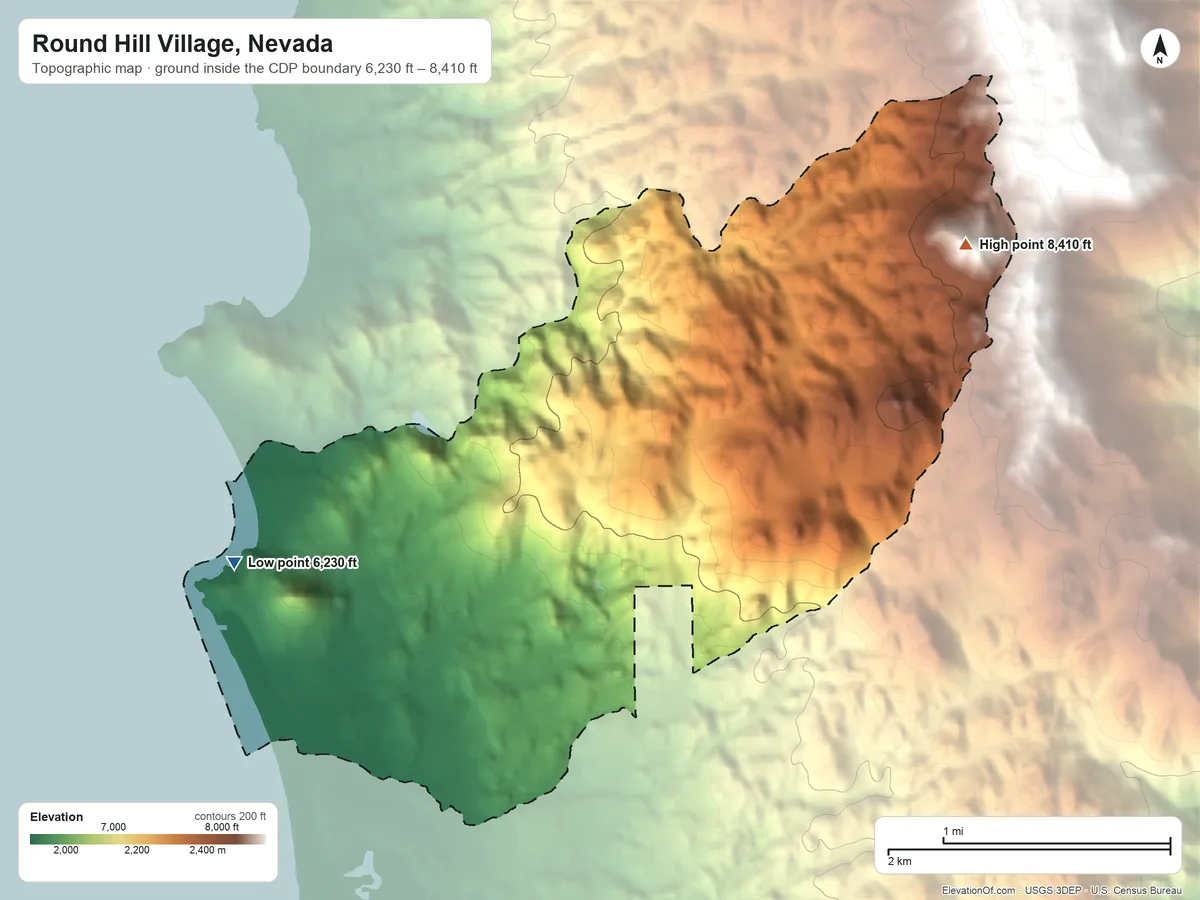 Topographic elevation map of Round Hill Village, Nevada, shaded from 6,230 ft on the west side to 8,410 ft at the foot of the Indian Hills