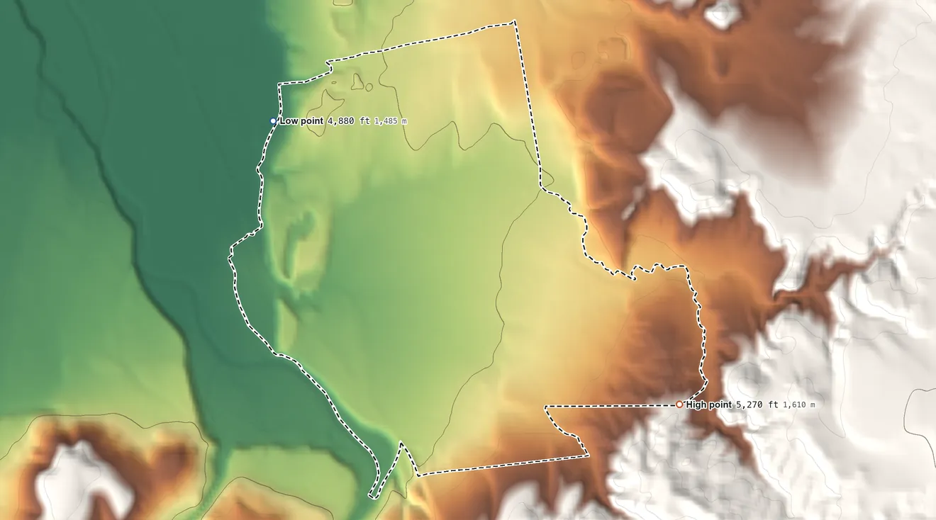 Topographic elevation map of Ruhenstroth, Nevada, shaded from 4,880 ft on the northwest side to 5,270 ft at the foot of the Pine Nut Mountains