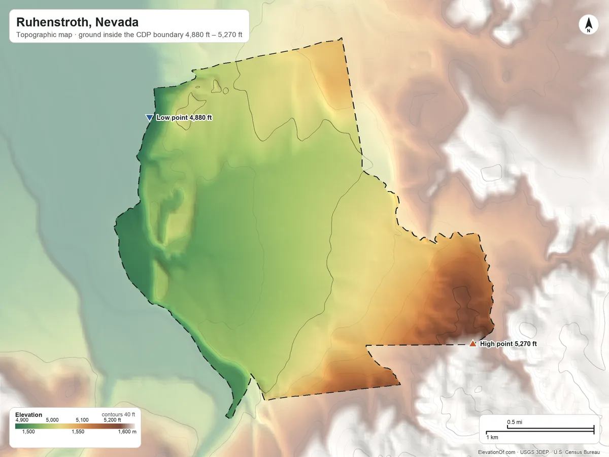 Topographic elevation map of Ruhenstroth, Nevada, shaded from 4,880 ft on the northwest side to 5,270 ft at the foot of the Pine Nut Mountains